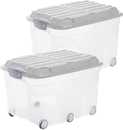 Papierfischchen-sichere Plastikbox mit Deckel und auf Rollen, 2 Boxen mit je 57 Liter