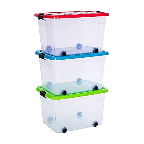 Papierfischchen-sichere Plastikbox mit Deckel und auf Rollen, 3 Boxen mit je 60 Liter