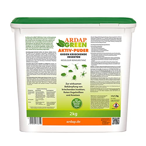 ARDAP GREEN Aktiv Pulver Kieselgur, 2 kg im 10 Liter Eimer, mit Langzeitwirkung gegen Silberfischchen, Kammfischchen, Ameisen und mehr